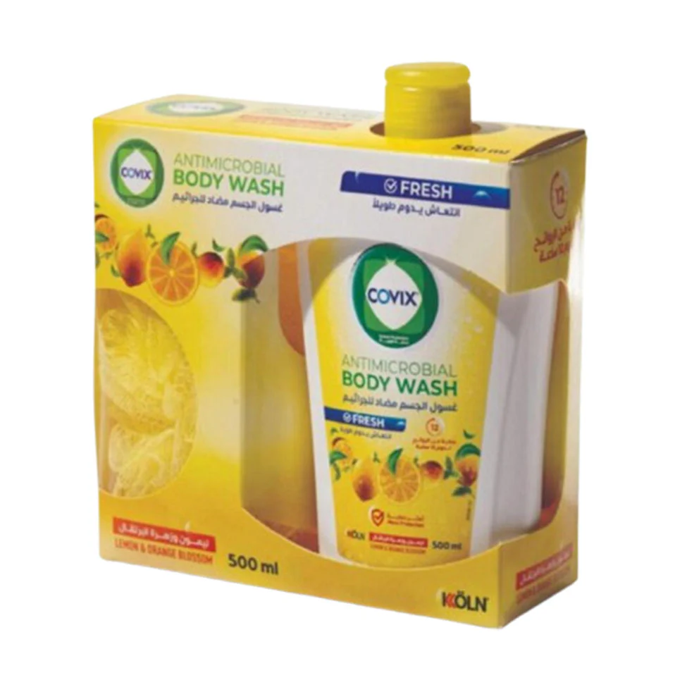 Covix Antimicrobial Body Wash 500 ml , Lemon With Shower Puff